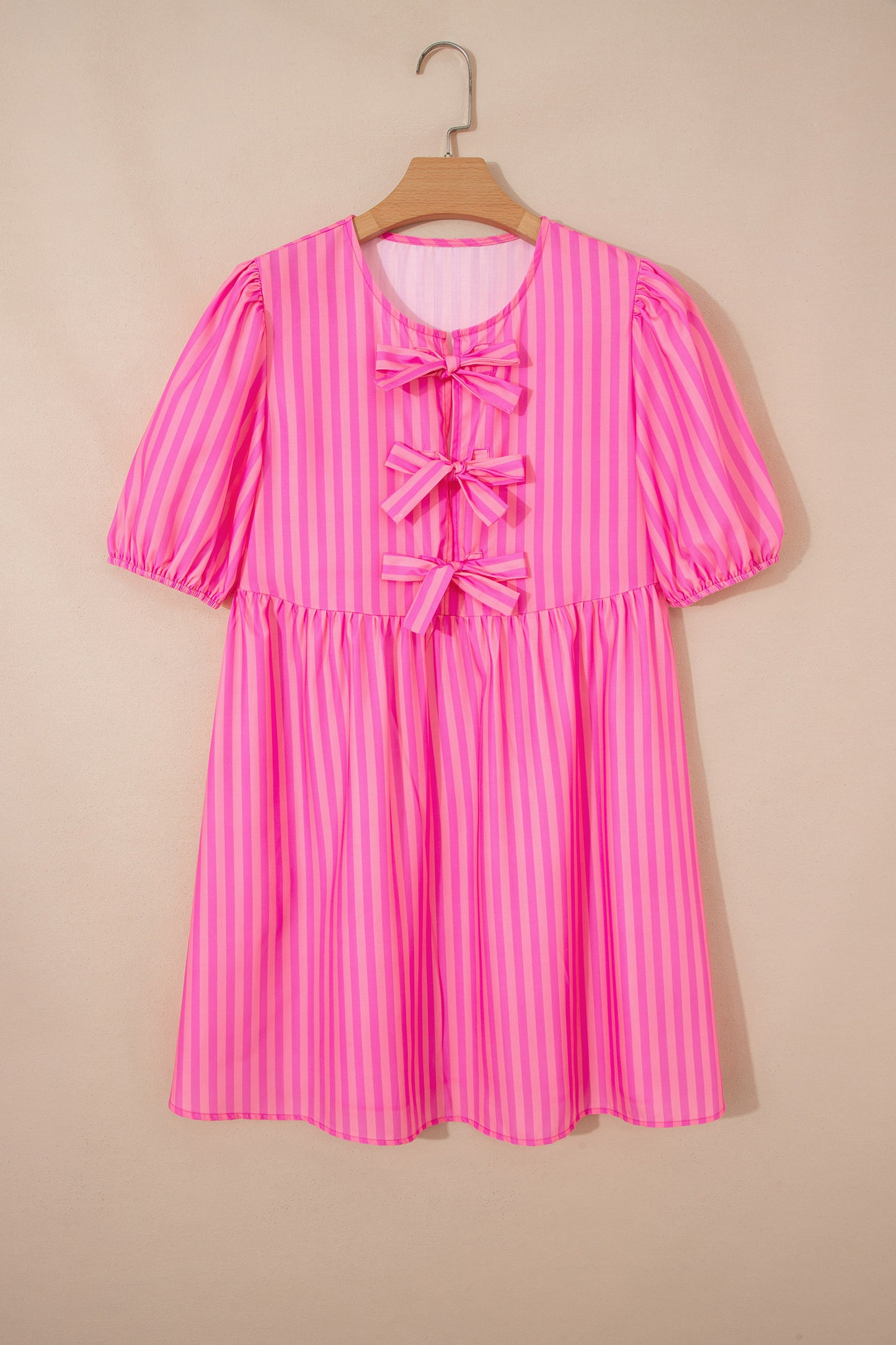 R1337 Rose Striped Print Bow Detail Short Puff Sleeve Mini Dress