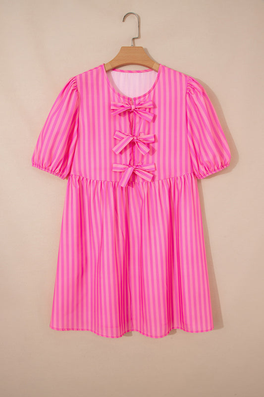 R1337 Rose Striped Print Bow Detail Short Puff Sleeve Mini Dress