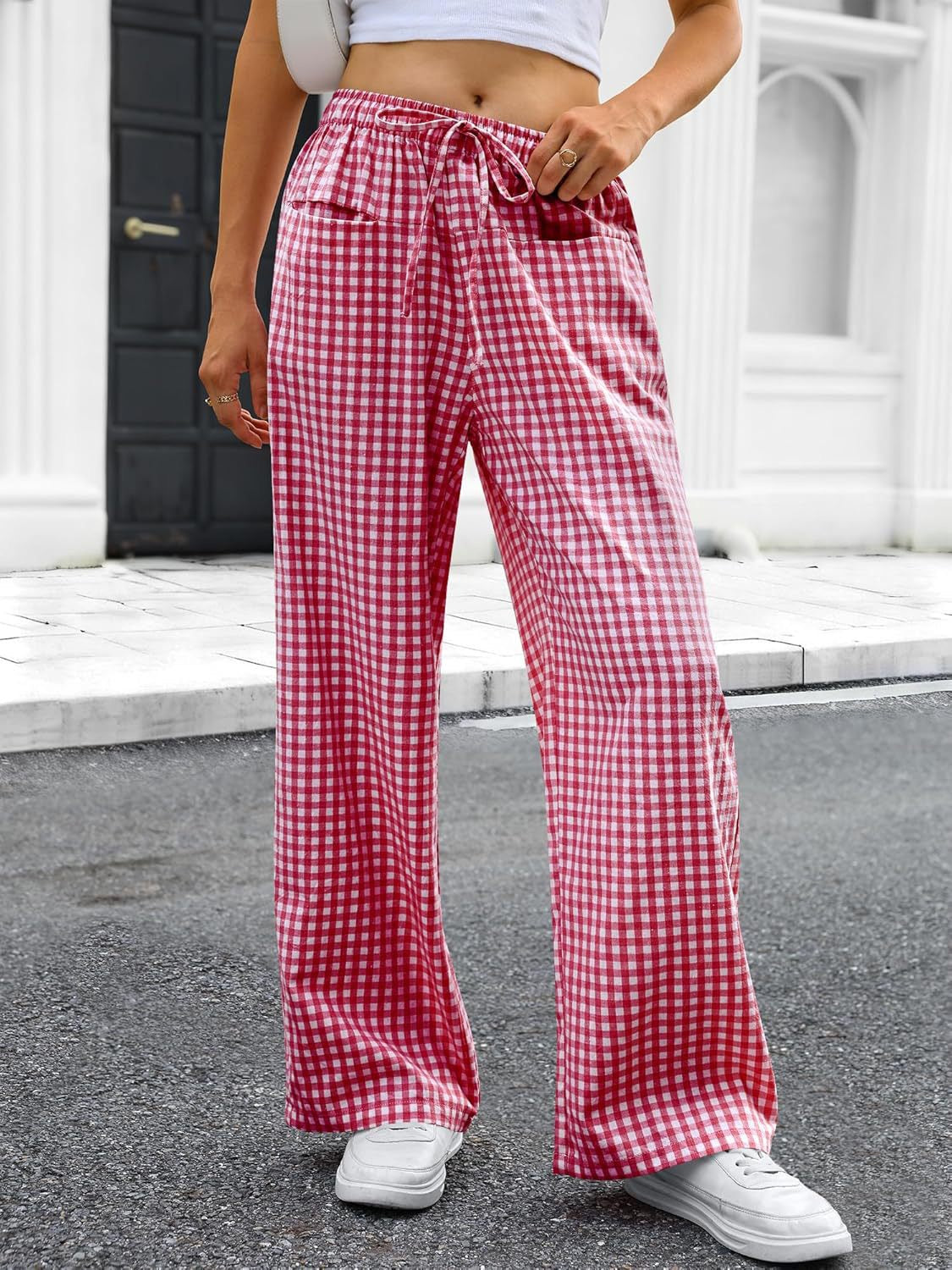 R1225 Women's High-Waisted Wide-Leg Plaid Drawstring Pajamas Pants