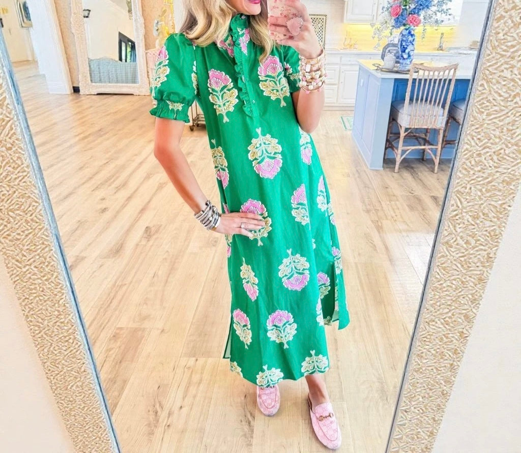 R1608 Ruffle Collar Pink Flower Green Dress