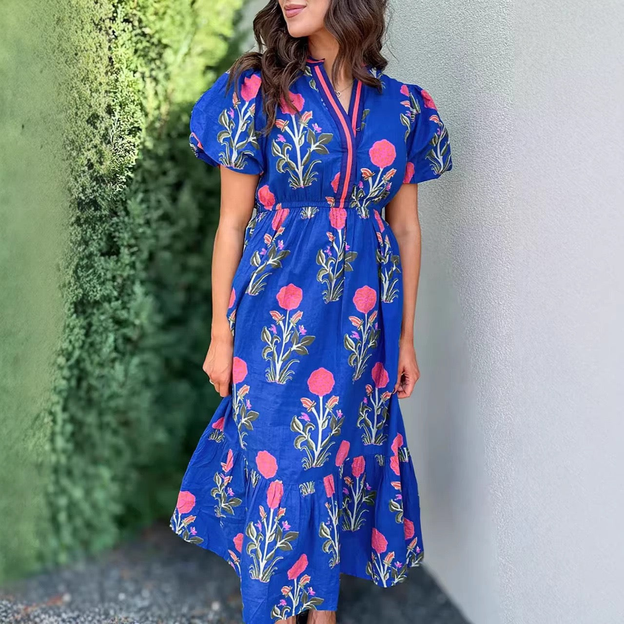 R1552 Floral Puff Short Sleeve V Neck High Waist Maxi Dress