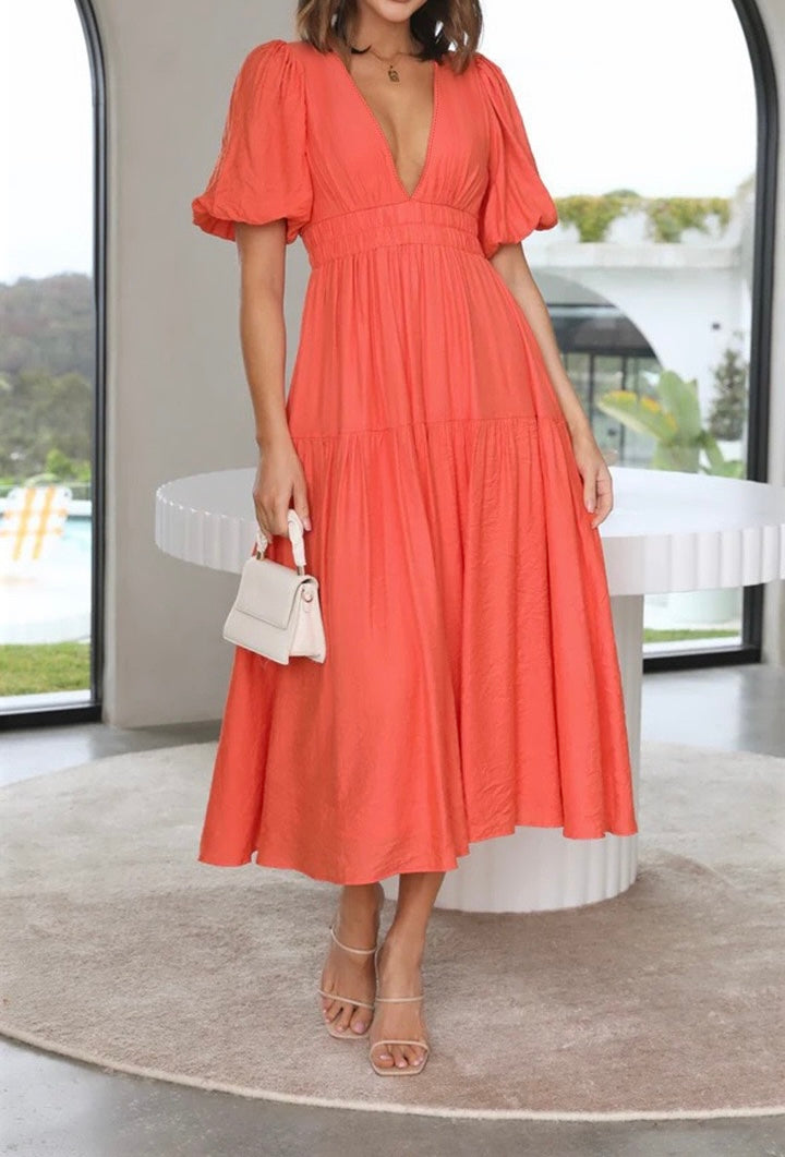 R1508 Deep V Neck Puff Sleeve Ruffle Long Dress