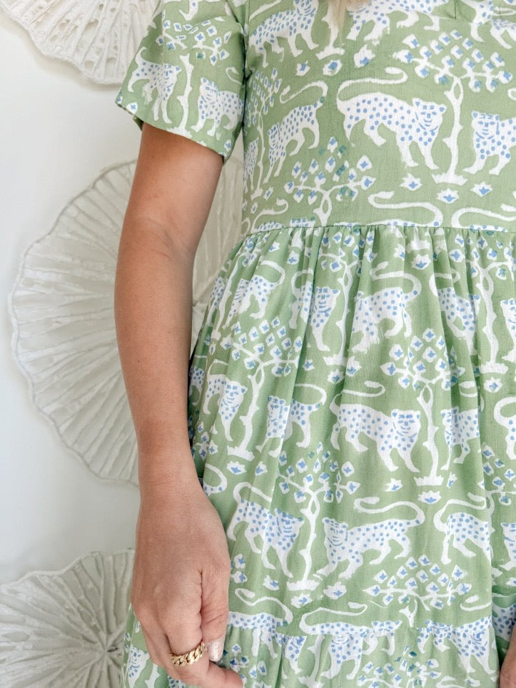 R1299 Green Leopard Print Long Dress