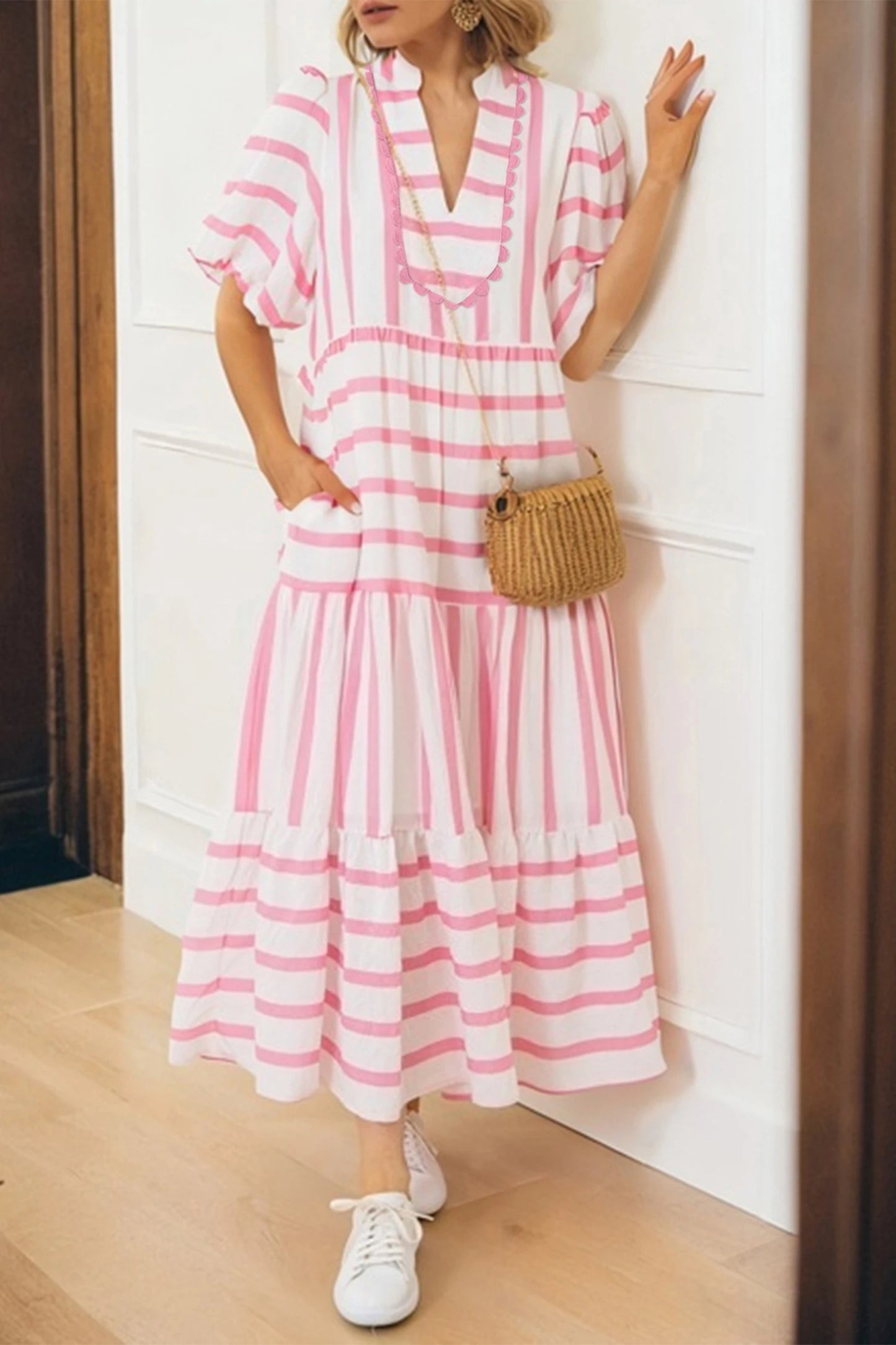 D5355 Puff sleeve Stripe Long Dress