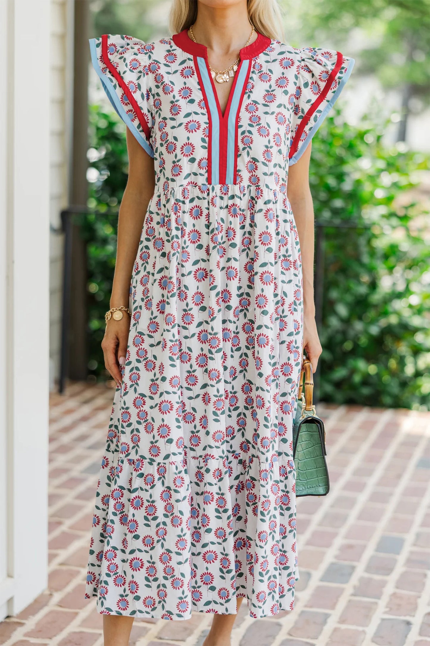 R1373  Sunflower Printed Striped Patchwork Trim Flutter Sleeve Long Dress