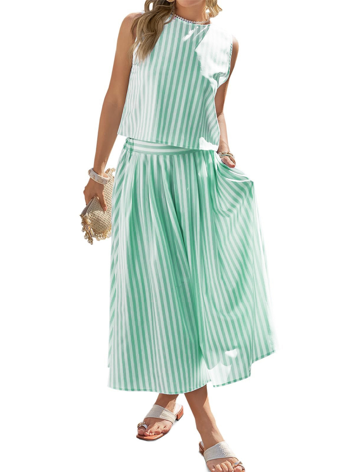 R1593 Stripe Button Two Pieces Long Dress Set