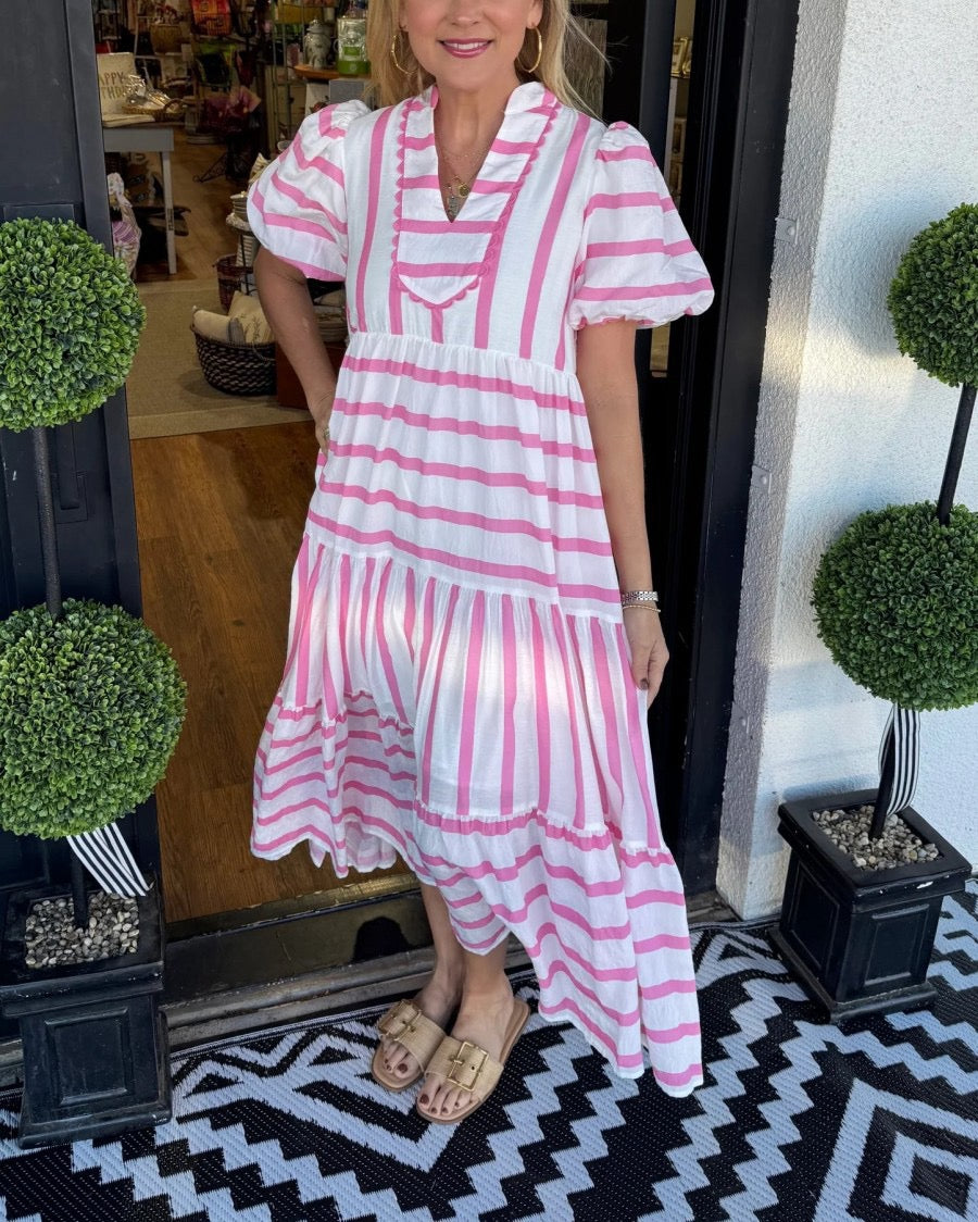 R1510 Puff Sleeve Stripe Long Dress