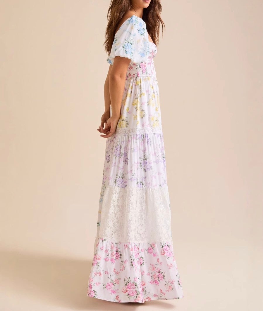 R1402 Multicolour Floral Print Striped Color Block Patchwork Square Neck Shirred Long Dress