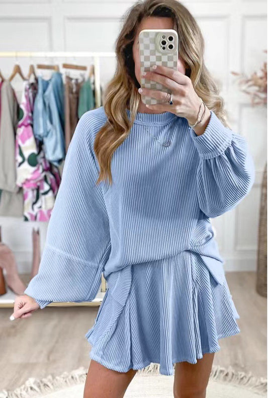 R1603 Lantern Sleeve Top High Waist Ruffled Mini Skort Set