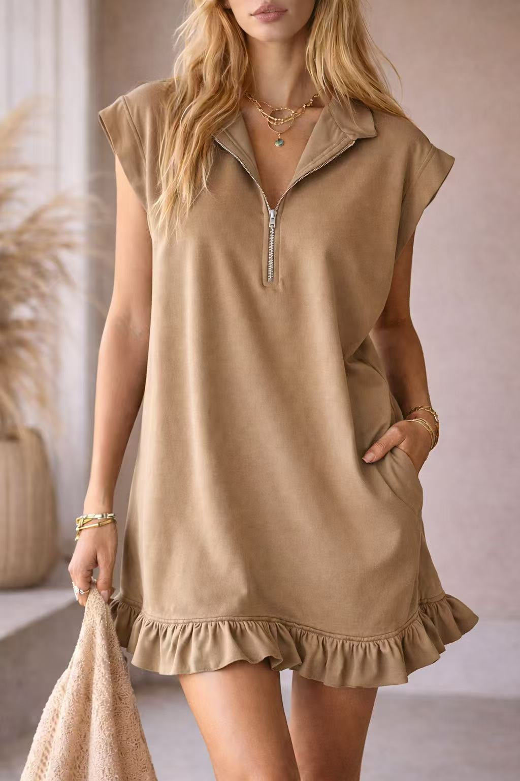 R1212 Collar Split Flutter Sleeve Dress