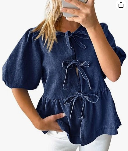 R1265 Bow Knot Babydoll Denim Top