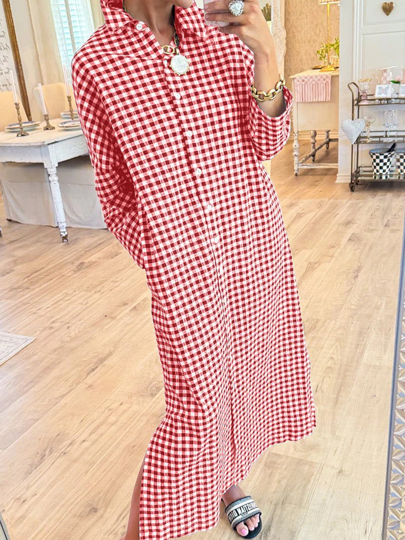 R1399 Long Sleeve Buttoned Plaid Long Dress