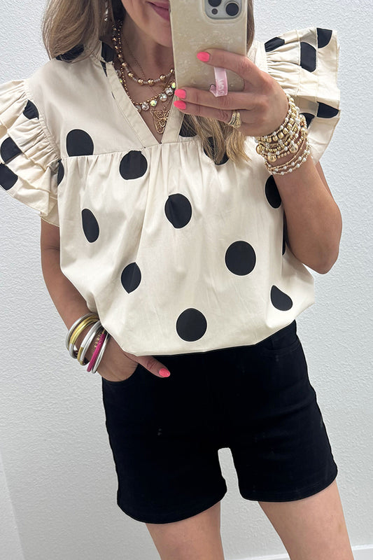 R1470 Apricot Casual Polka Dot V-Neck Ruffle Short Sleeve Shift Blouse