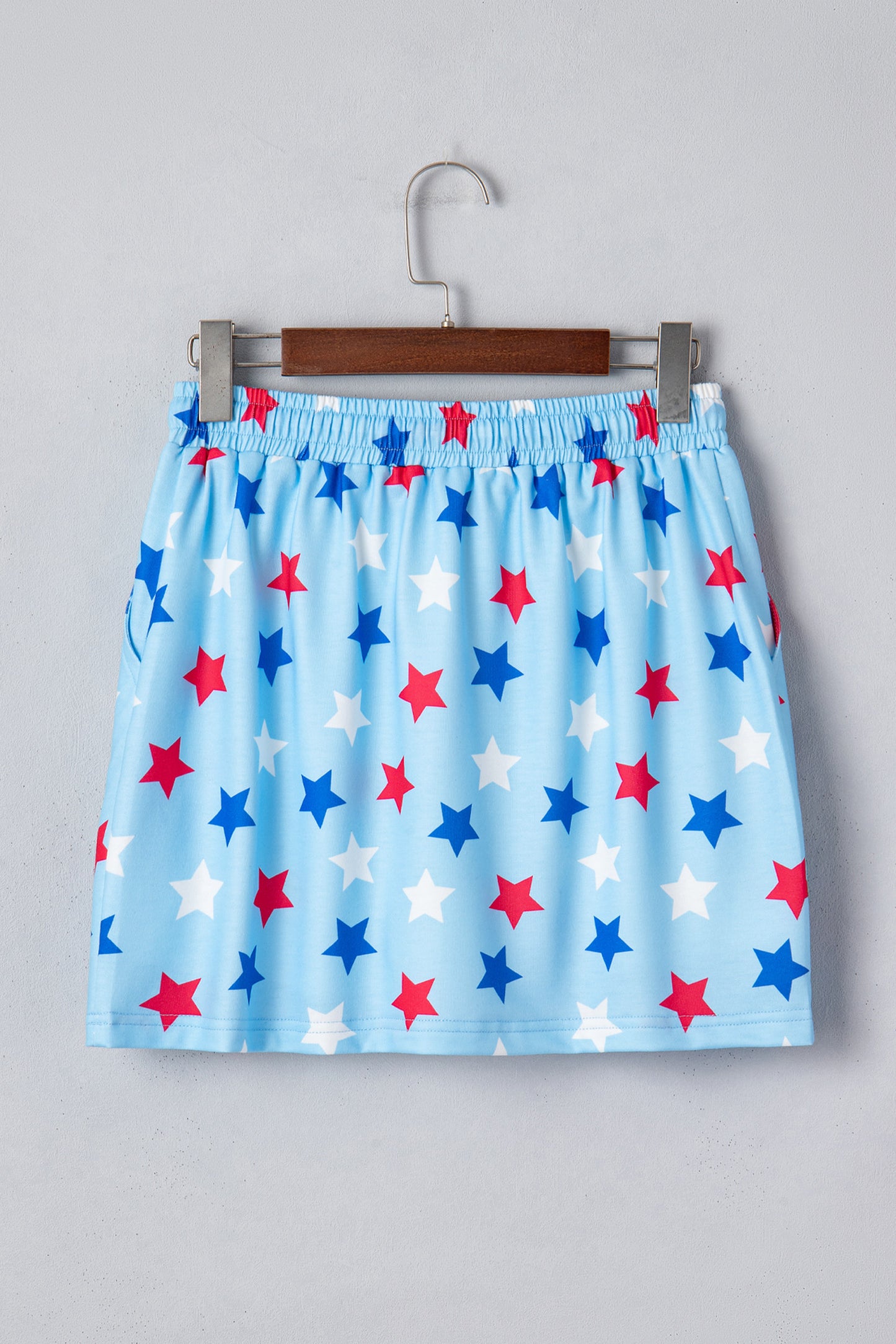 R1453 Sky Blue Patriotic Star Printed Beaded Drawstring Mini Skort