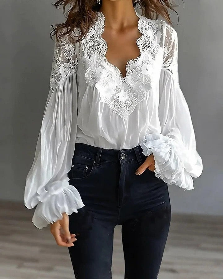 R1214 Lace-stitched puff sleeves pleated blouse