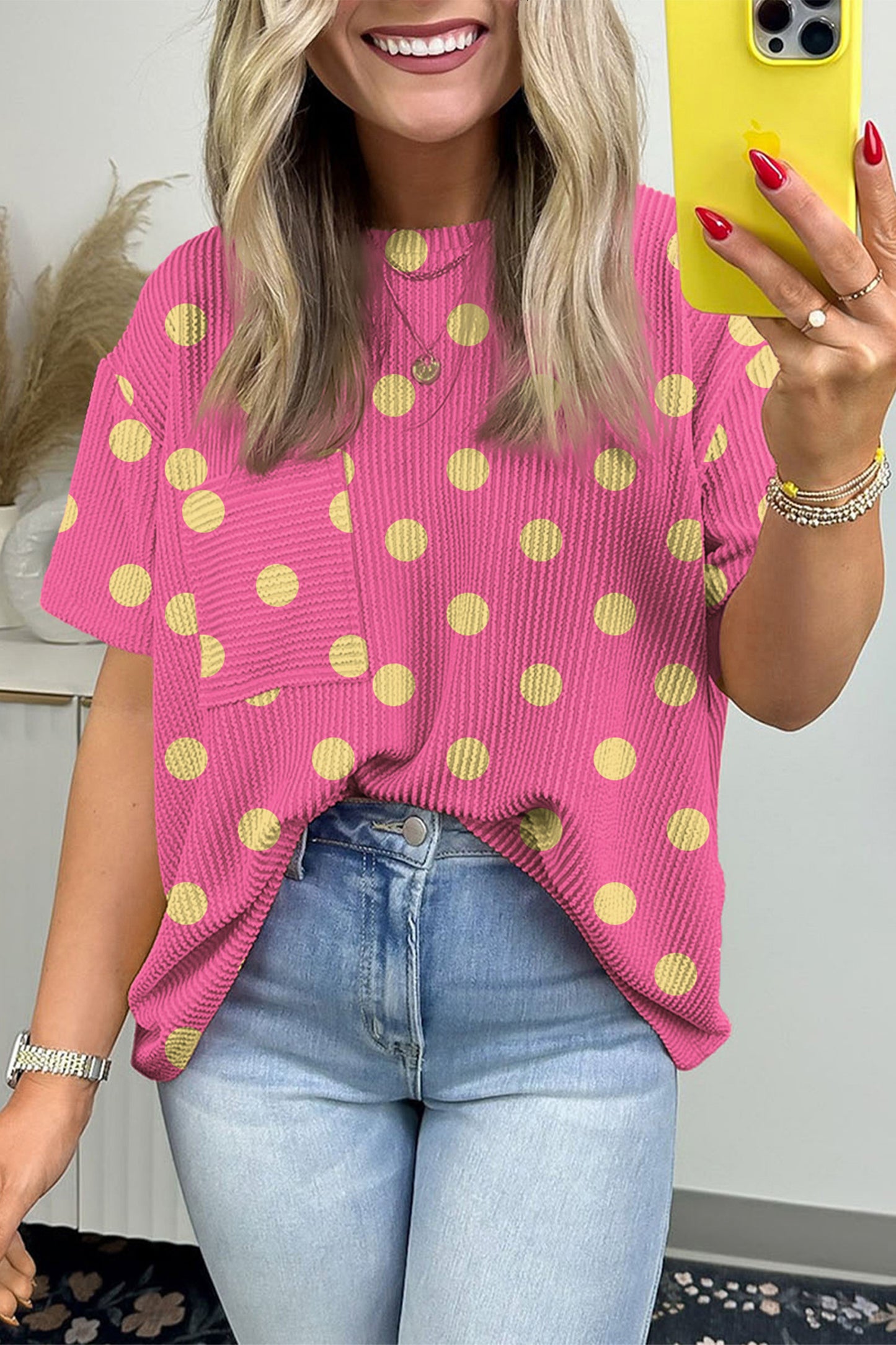 R1384 Sky Blue Raised Rib Polka Dot Oversize Tee