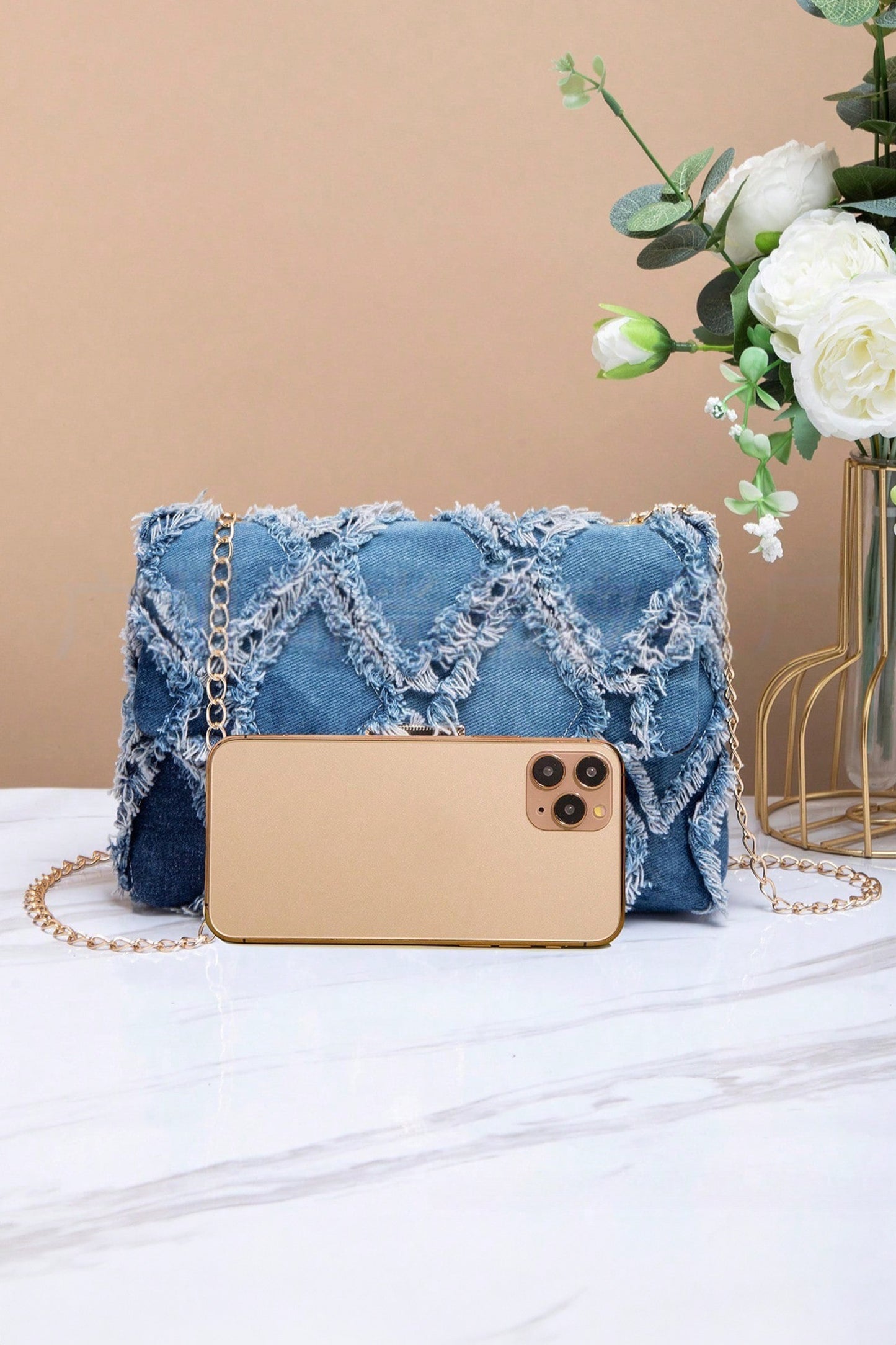 R1342 Blue Distressed Lattice Denim Chain Strap Shoulder Bag