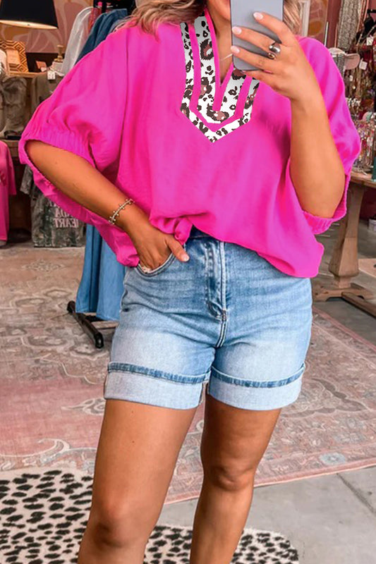 R1326 Dolman Half Sleeve Leopard Patchwork Trim V Neck Blouse