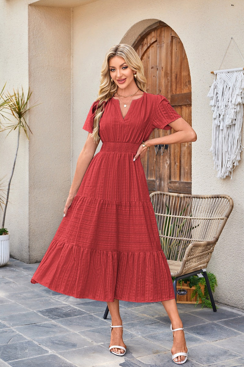 D5479 Solid Color Ruffle Dress Big Hem Long Dress