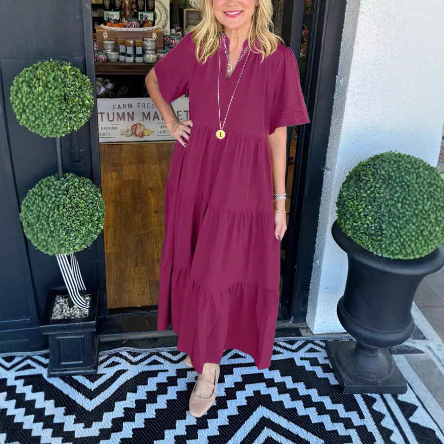 D5457 V Neck Solid Color Ruffle Pleated Long Dress