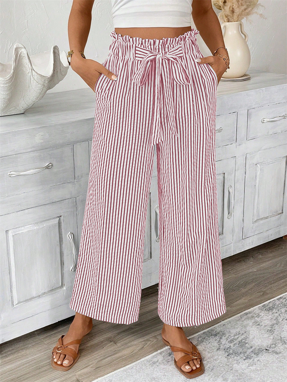 D5453 Summer Bow Knot Stripe Pocket Pants