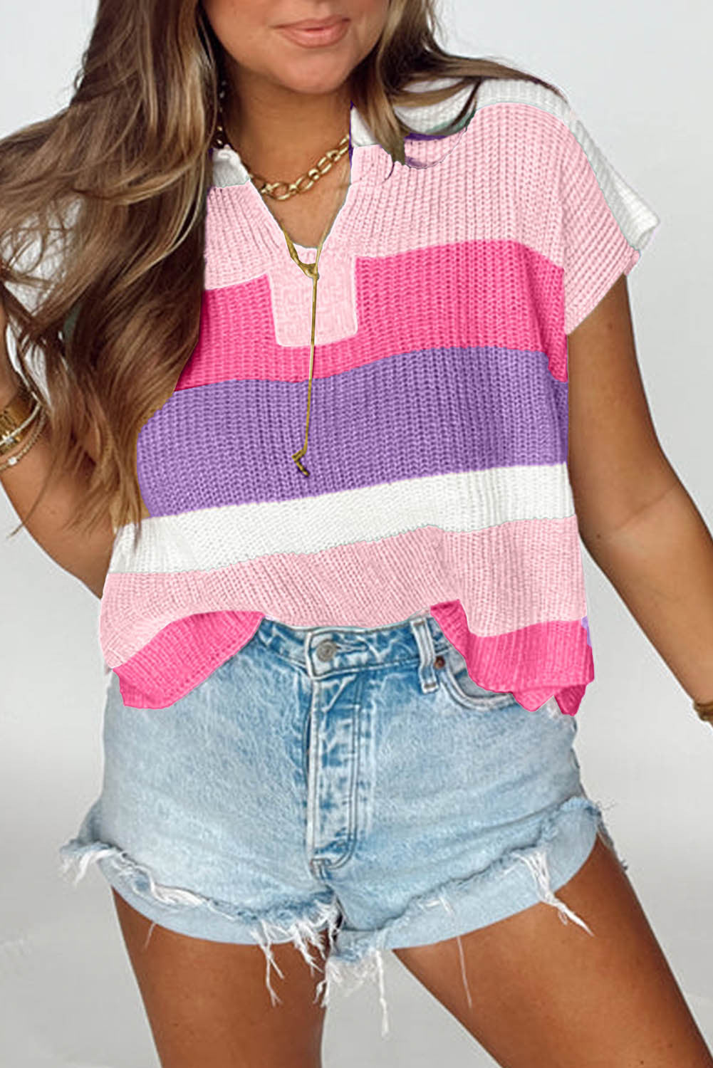 D5096 Color Block Short Sleeve Sweater T Shirt