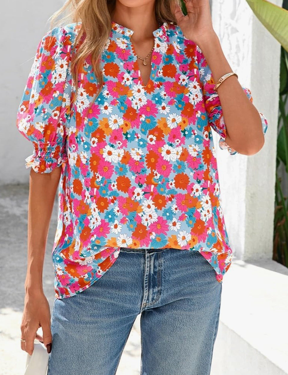 R5474 Puff Sleeve Floral Blouse