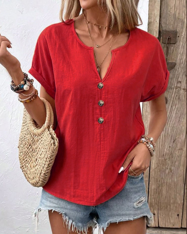 D5454 Short Sleeve Button Up V Neck Shirt