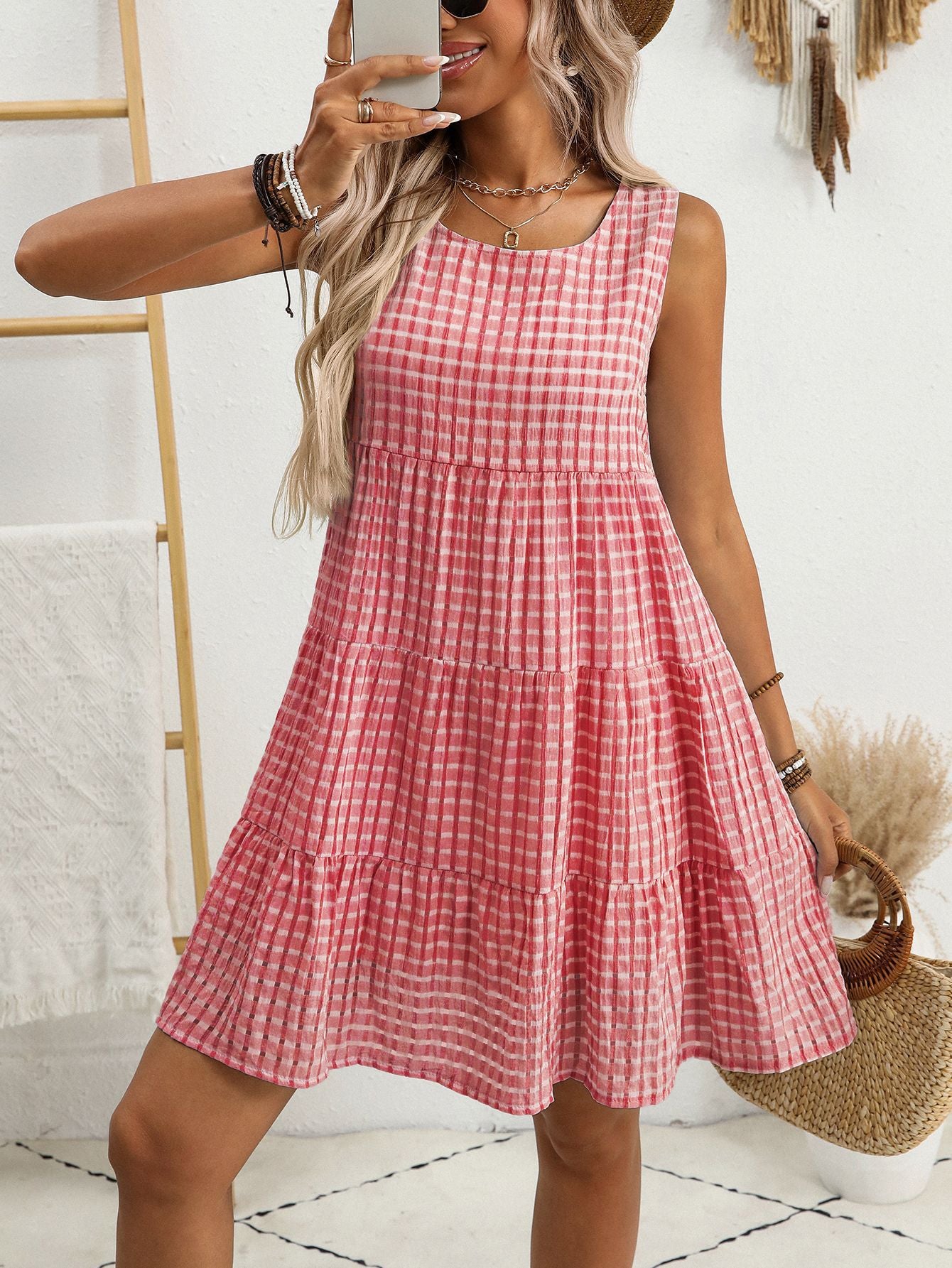 D5460 Sleeveless Checked Mini Dress