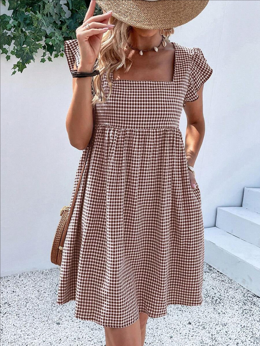 D5494 Ruffle Sleeve Checked Print Pocket Dress