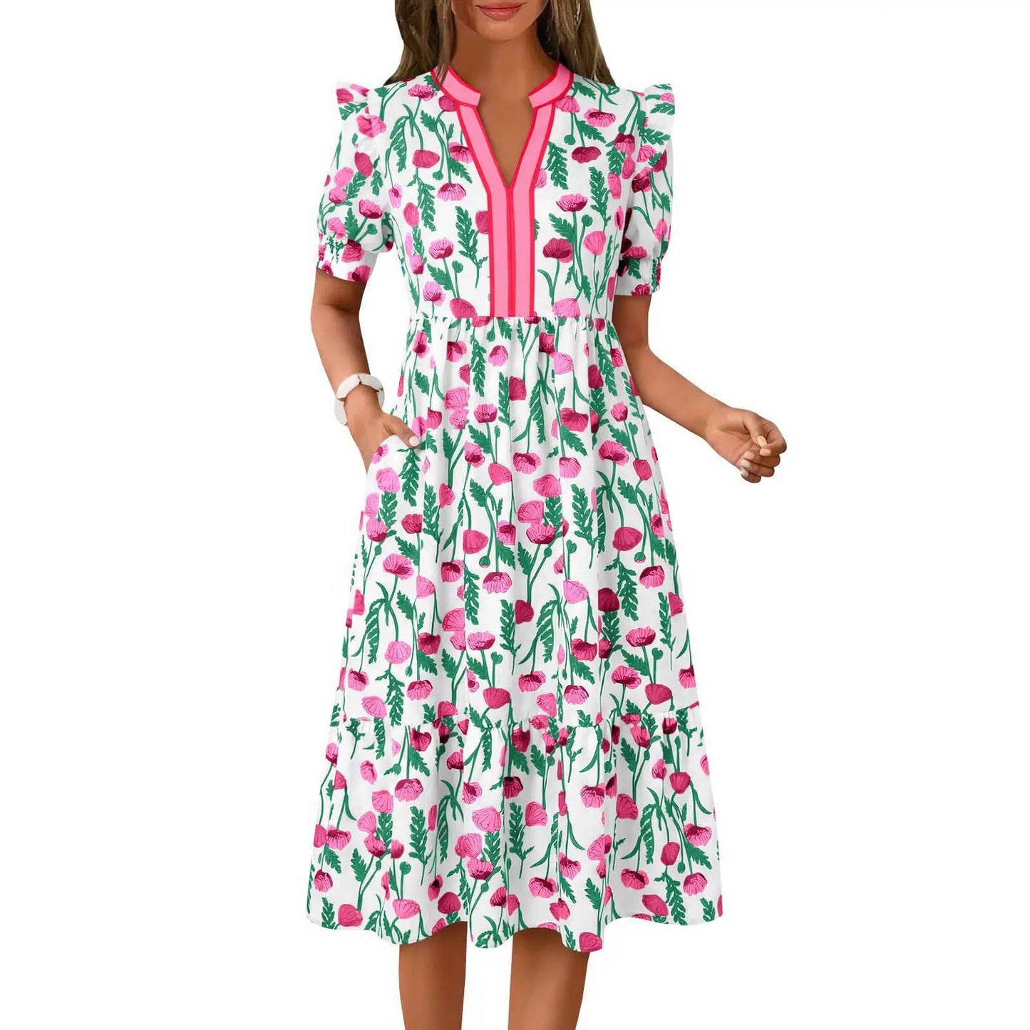 D5461 Puff Sleeve Floral Long Dress