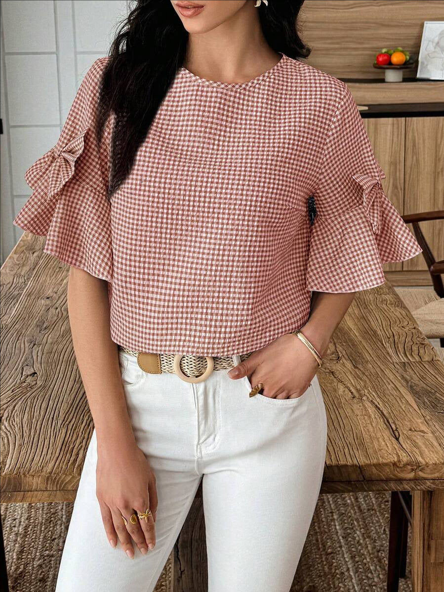 D5491 Bowknot decorated checkered top, ruffled cuffs, puffed sleeves top