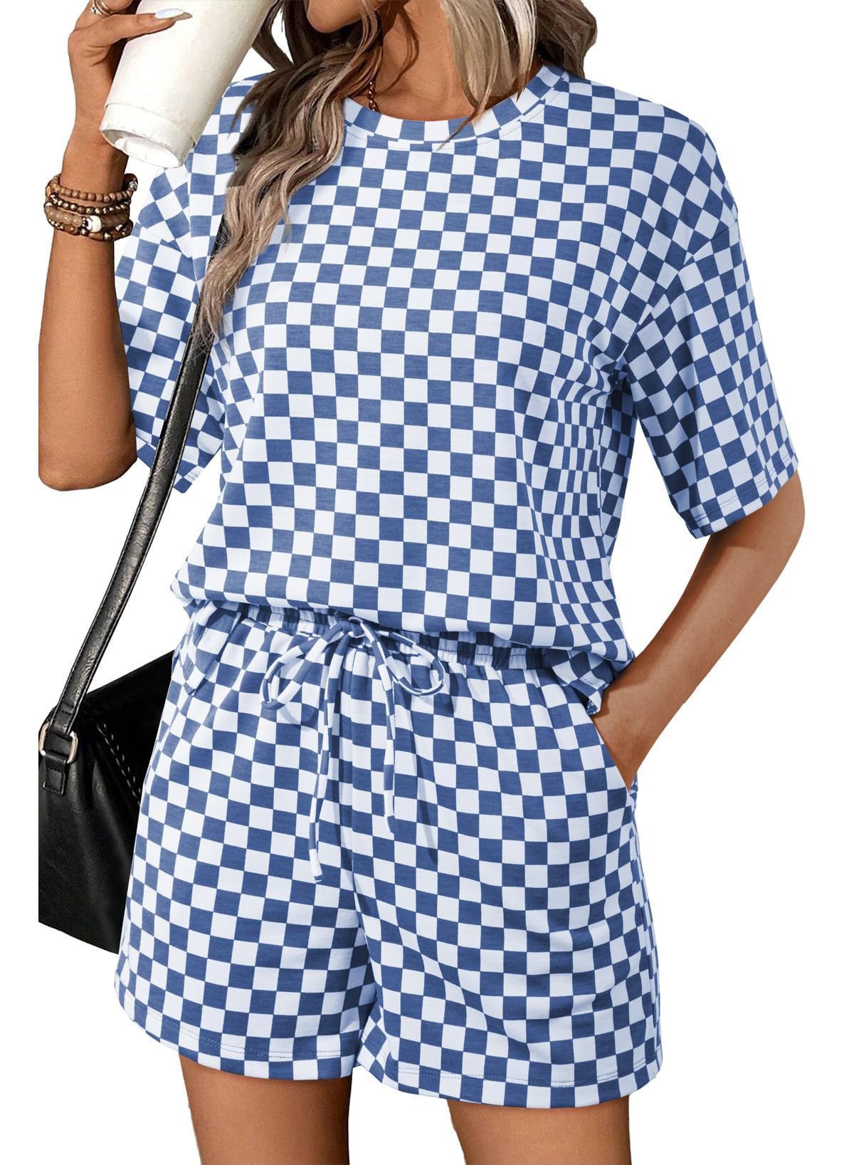 D5419 Checkered print round neck short-sleeved drawstring pocket short set