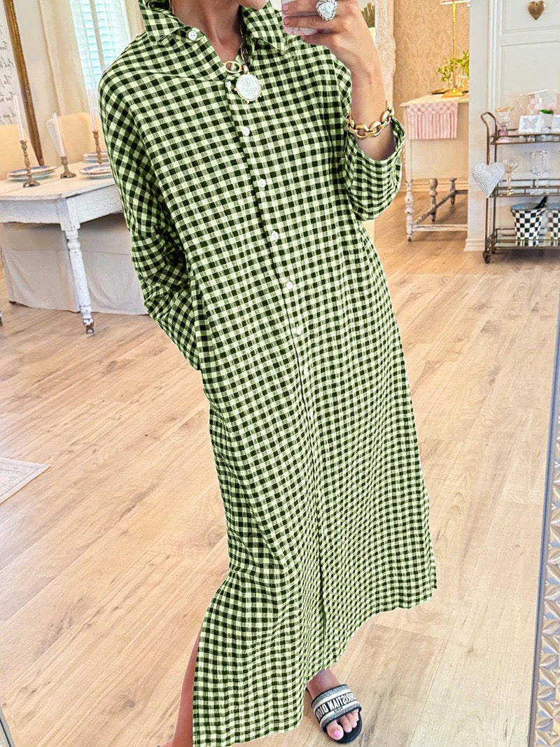 R1399 Long Sleeve Buttoned Plaid Long Dress