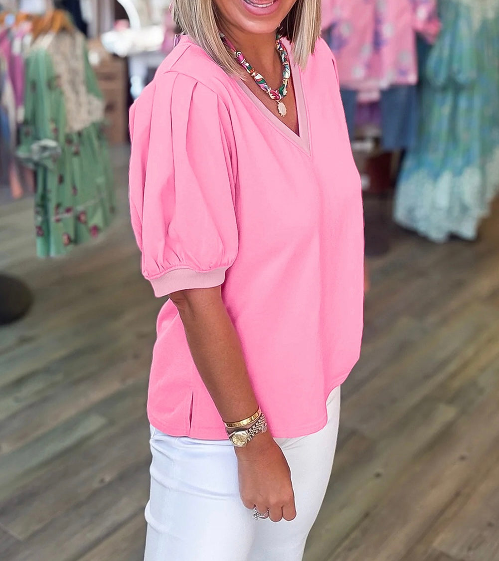 R1199 Pink Puff Sleeve Blouse