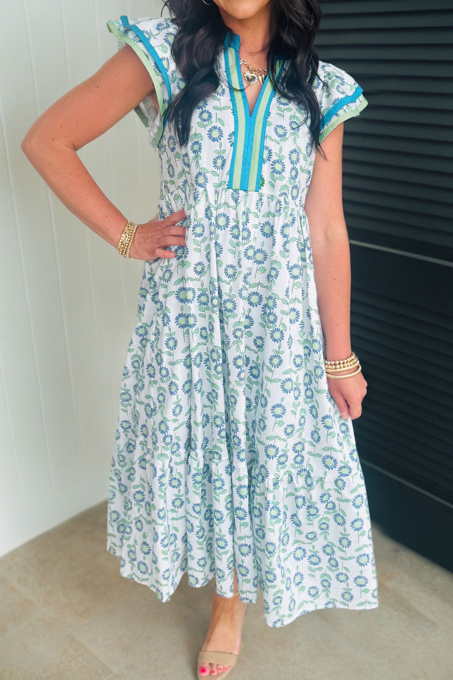 R1373  Sunflower Printed Striped Patchwork Trim Flutter Sleeve Long Dress