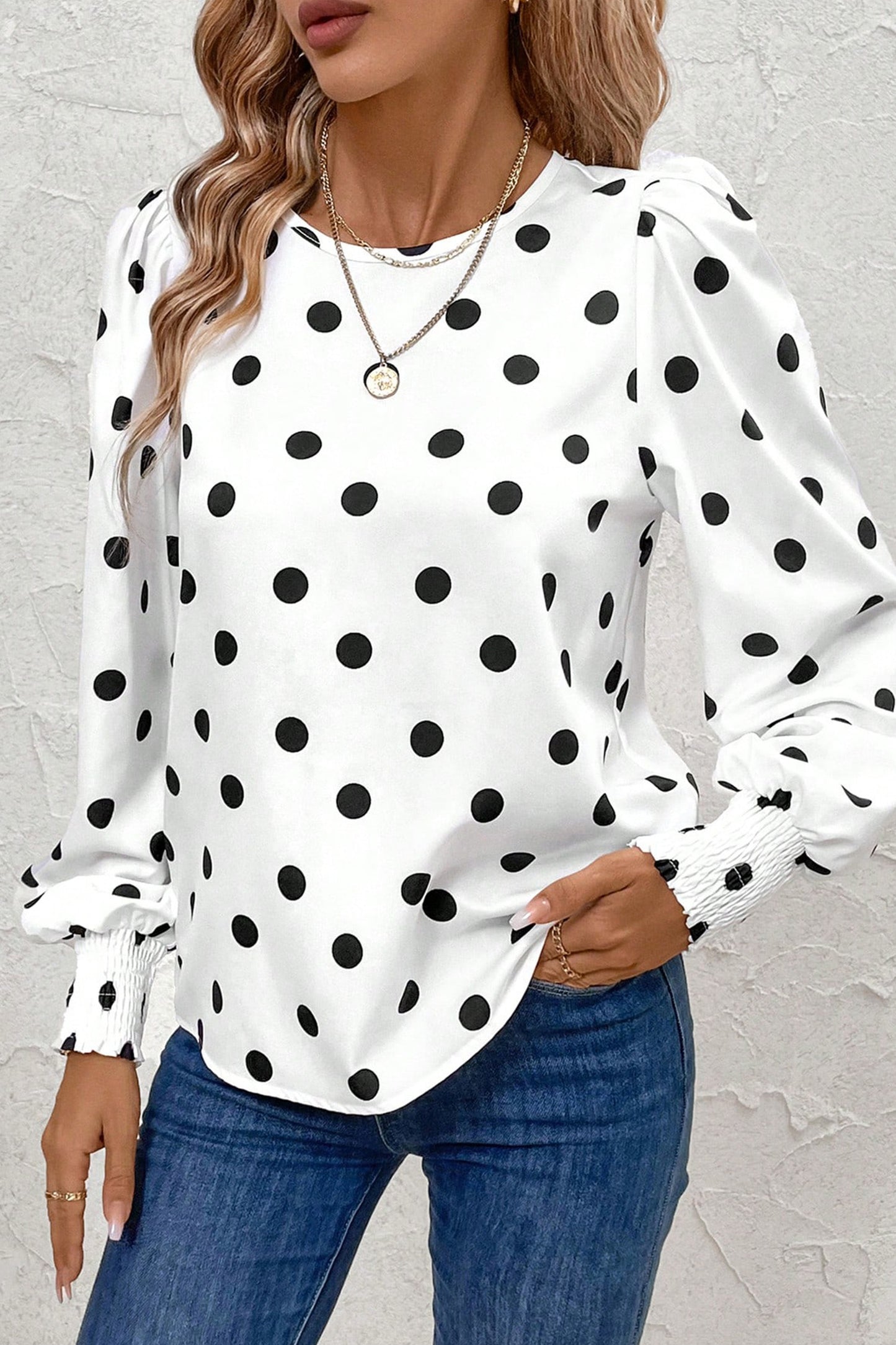 R1280 Long Sleeve Polka Dot Print Blouse