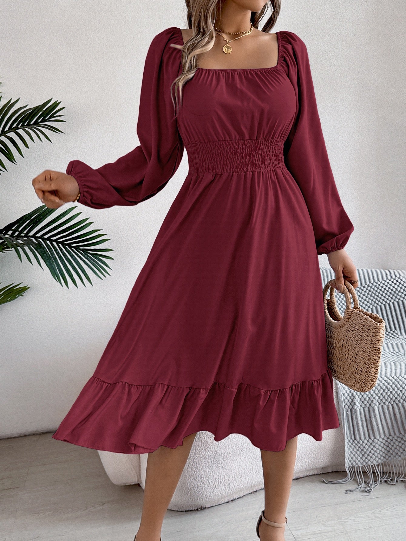 R1244 Solid-Color Square-Neck Long-Sleeve Waist-Defining Ruffle Hem Long Dress