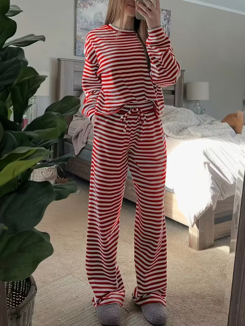 R1238 Striped Long Sleeve Top High-Waist Pants Two-Piece Set
