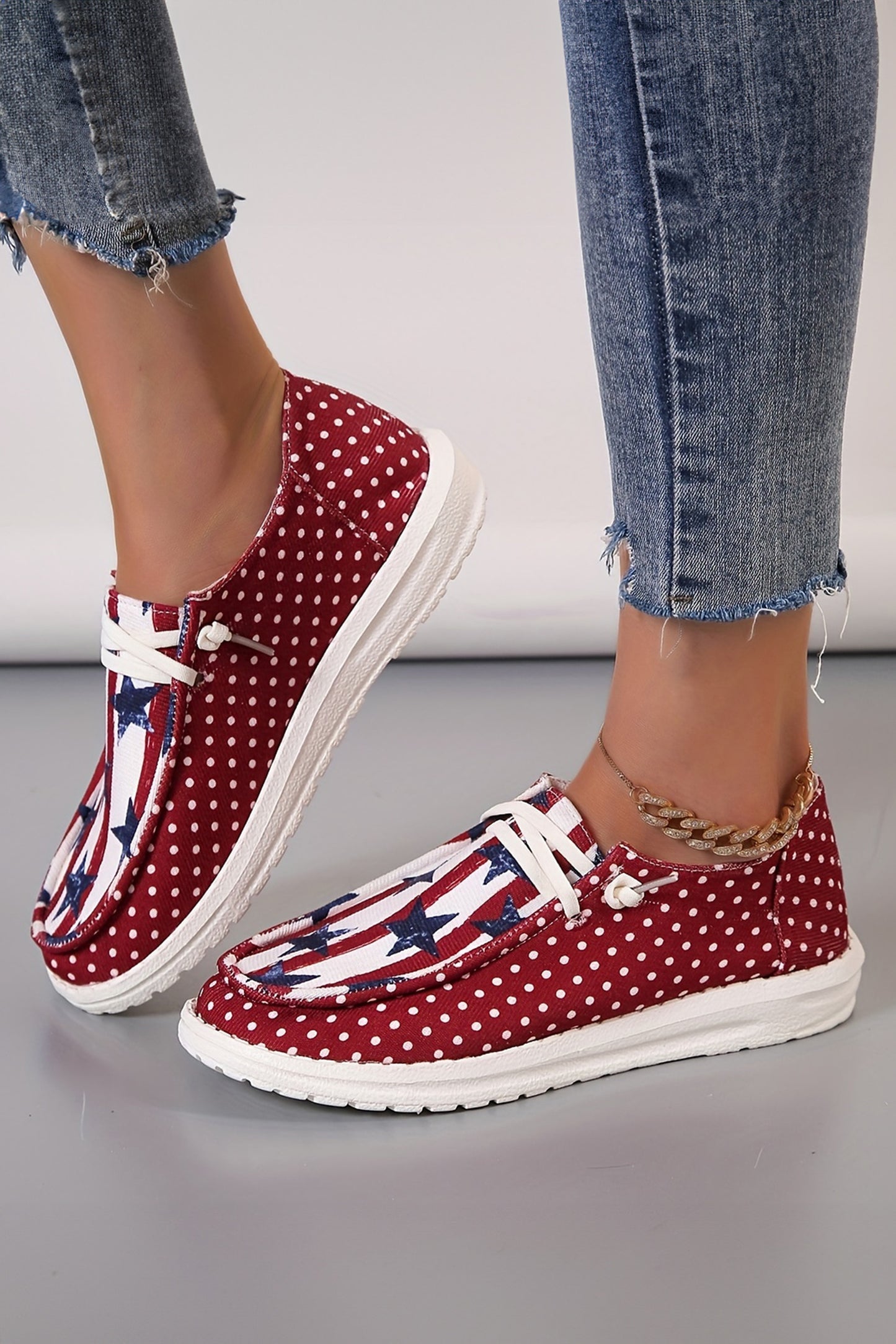 R1344 Racing Red Polka Dot Stars and Stripes Independent Day Casual Shoes