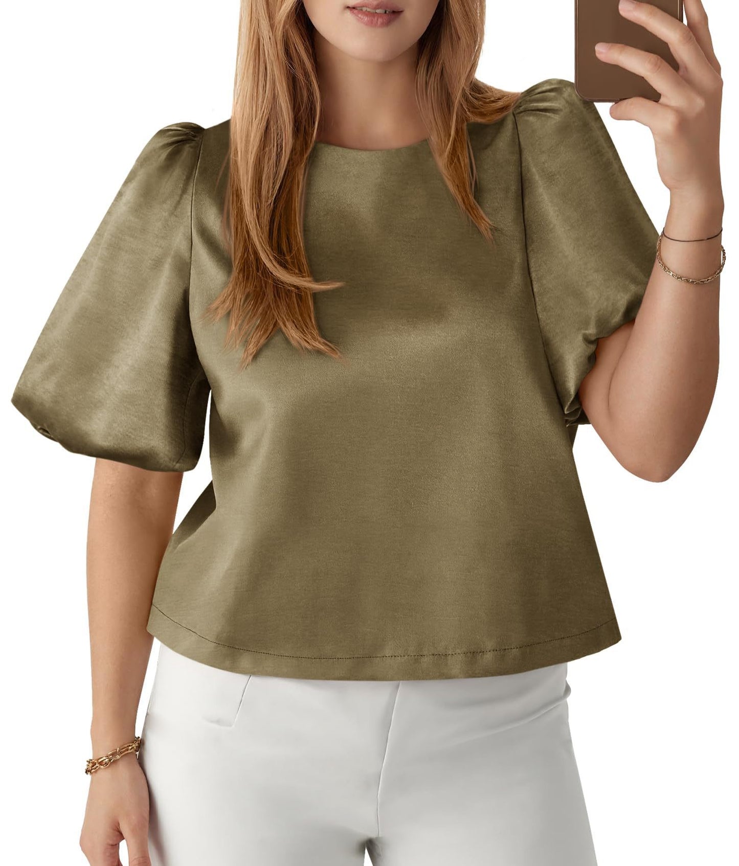R1237 Women's Round Neck Satin Puff Sleeve Blouse