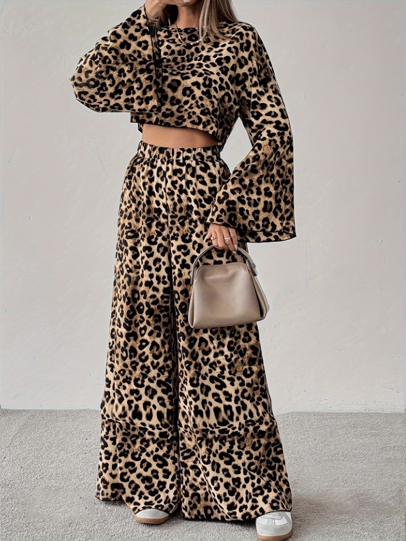 R1241 Lightweight Long Sleeve Leopard Print Crop Top & Pants Women's Outfit