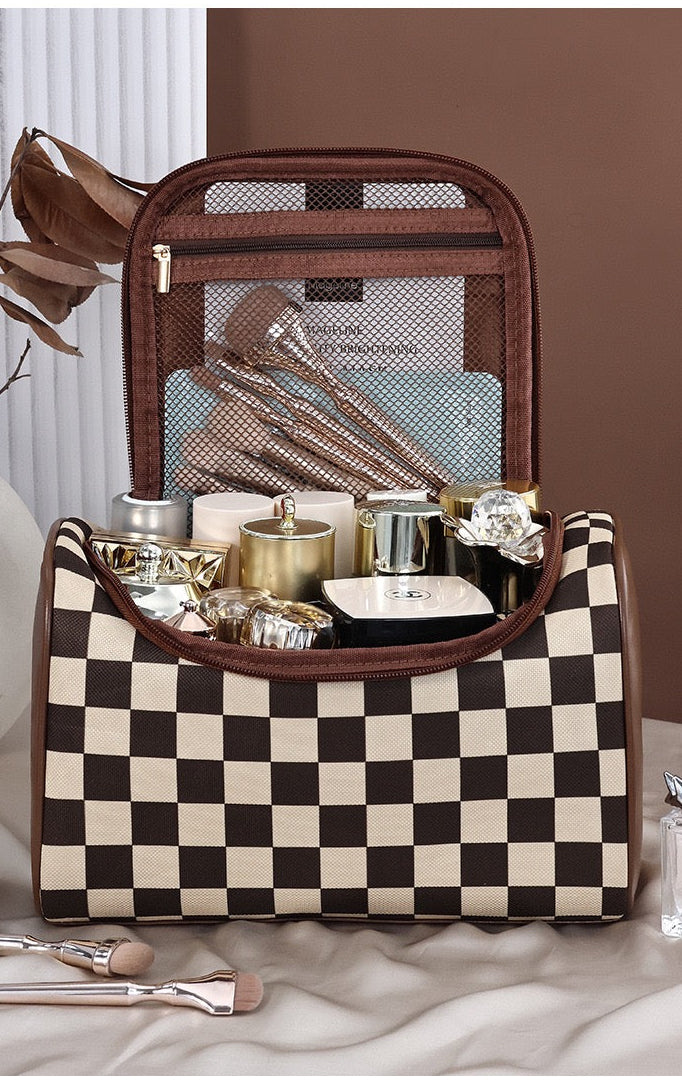 R1247 Checked PU Leather Makeup Bag