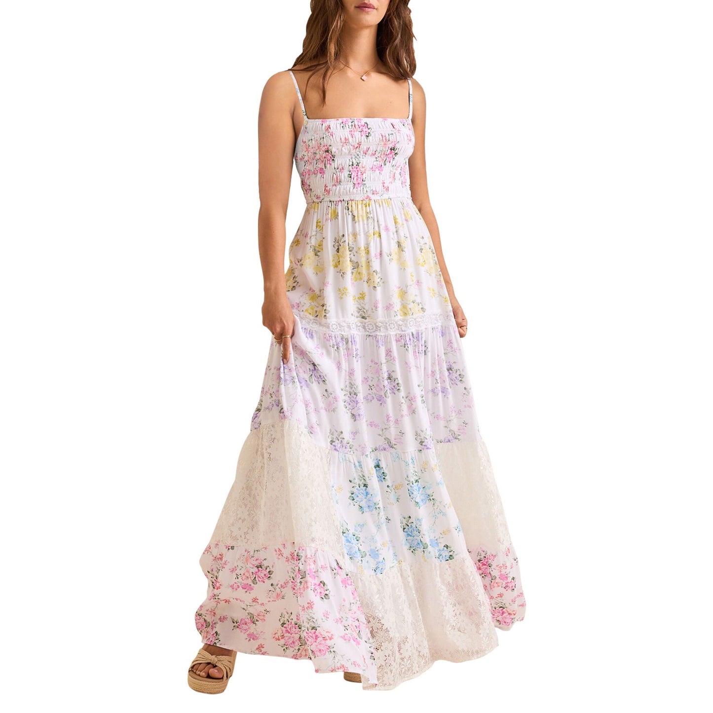 R1405 Sleeveless Floral Print Color Block Patchwork Square Neck Shirred Long Dress
