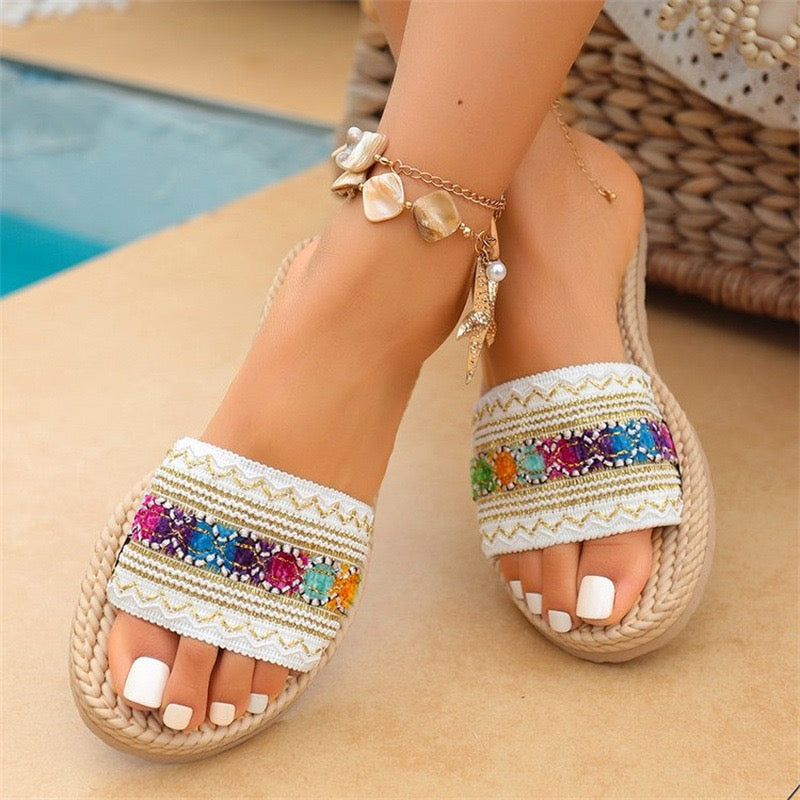 R1389 Parchment Bohemian Vacation Woven Colorful Detail Wide Band Slippers