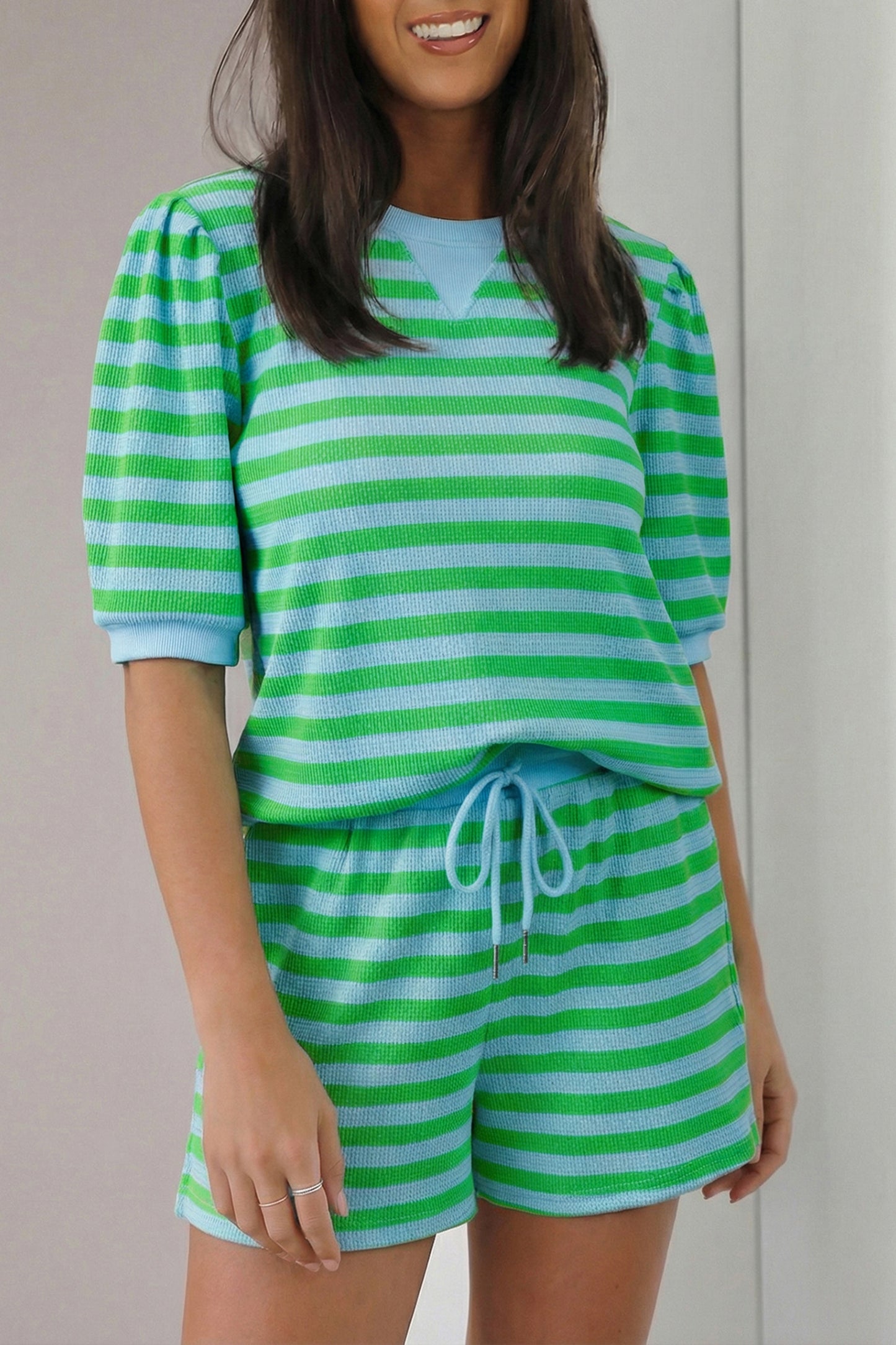 D5375 Stripe Puff Short Sleeve T Shirt Matching Shorts Set