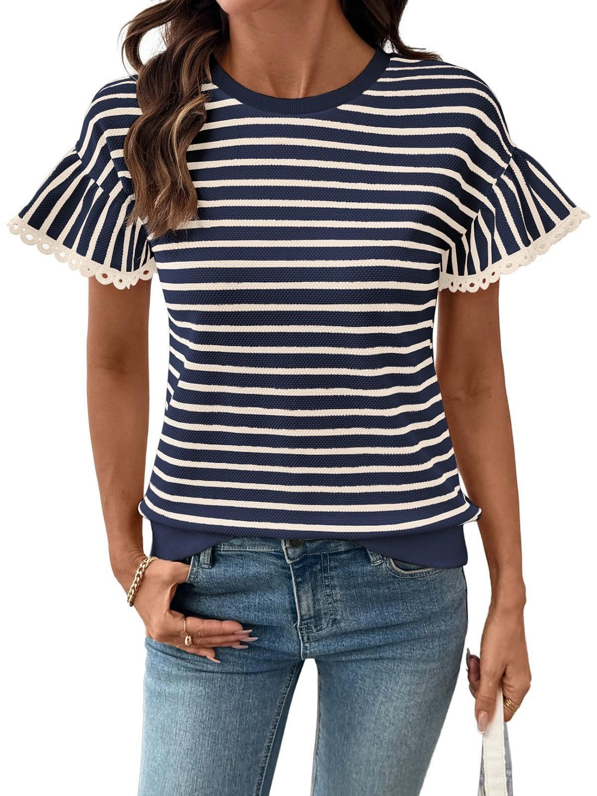 R1395 Short Sleeve Lace Hem Stripe Shirt