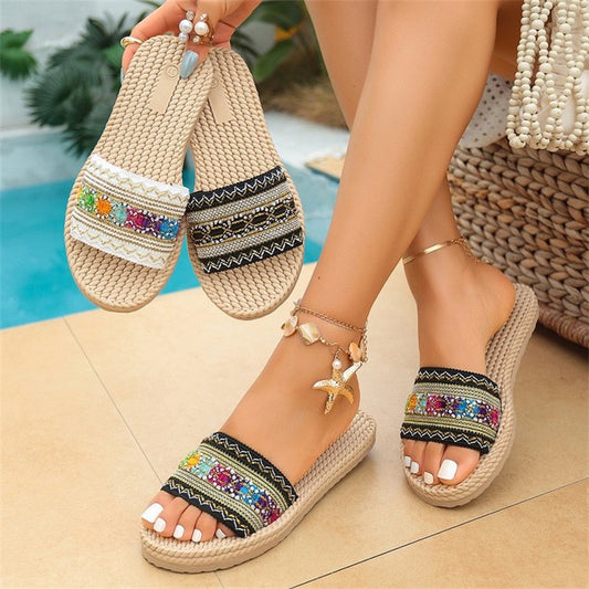 R1389 Parchment Bohemian Vacation Woven Colorful Detail Wide Band Slippers
