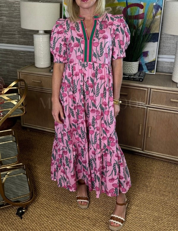 D5357 Pink Floral Long Dress