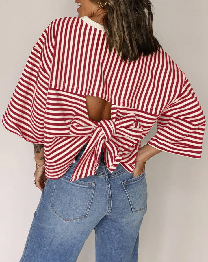 R1257 Bowknot Cutout Back Stripe Shirt